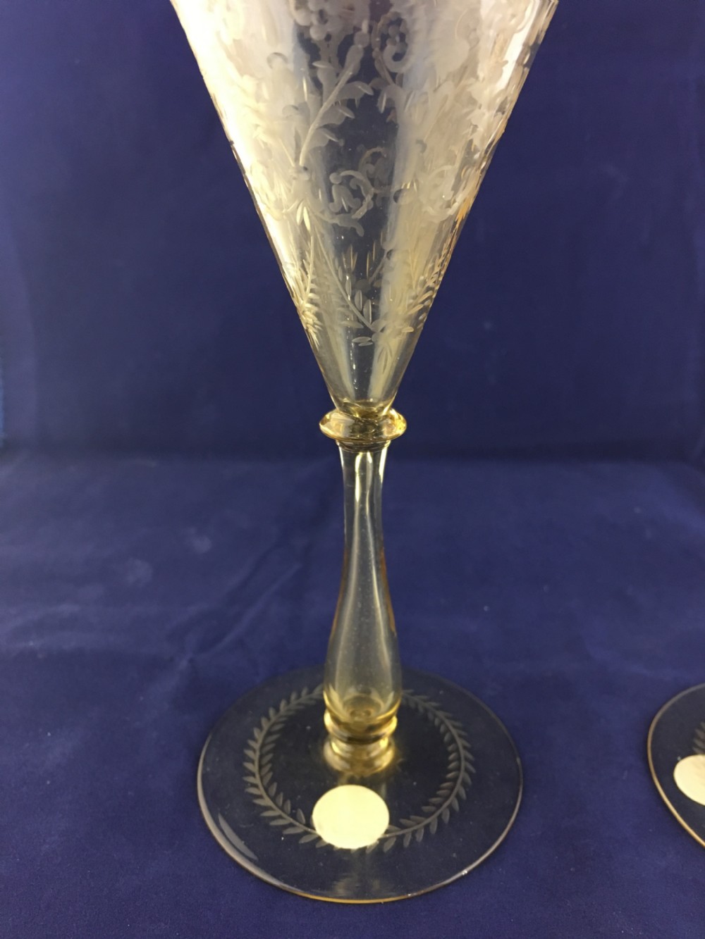 C.VM Venetian Engraved Amber Coloured Funnel Bowl Wine Glasses c1890 View IV