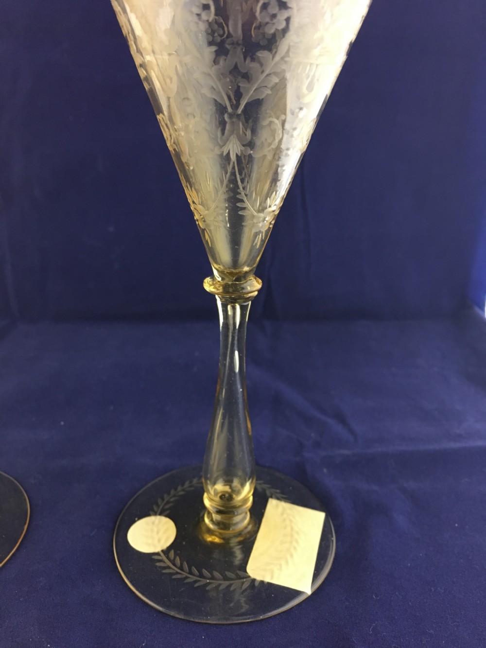 C.VM Venetian Engraved Amber Coloured Funnel Bowl Wine Glasses c1890 View V