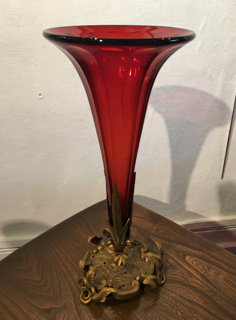 French Panel Cut Ruby Glass Trumpet Bowl Vase C19th