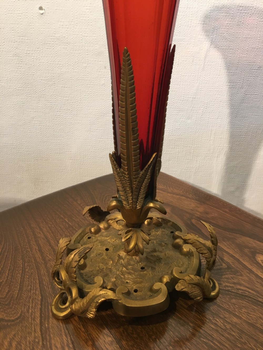 French Panel Cut Ruby Glass Trumpet Bowl Vase C19th View III