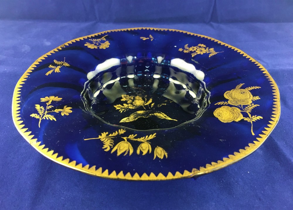 'James Giles' Rib Moulded Recessed Blue Bowl with Gilt Dogtooth Rim & Floral Panels  C18th