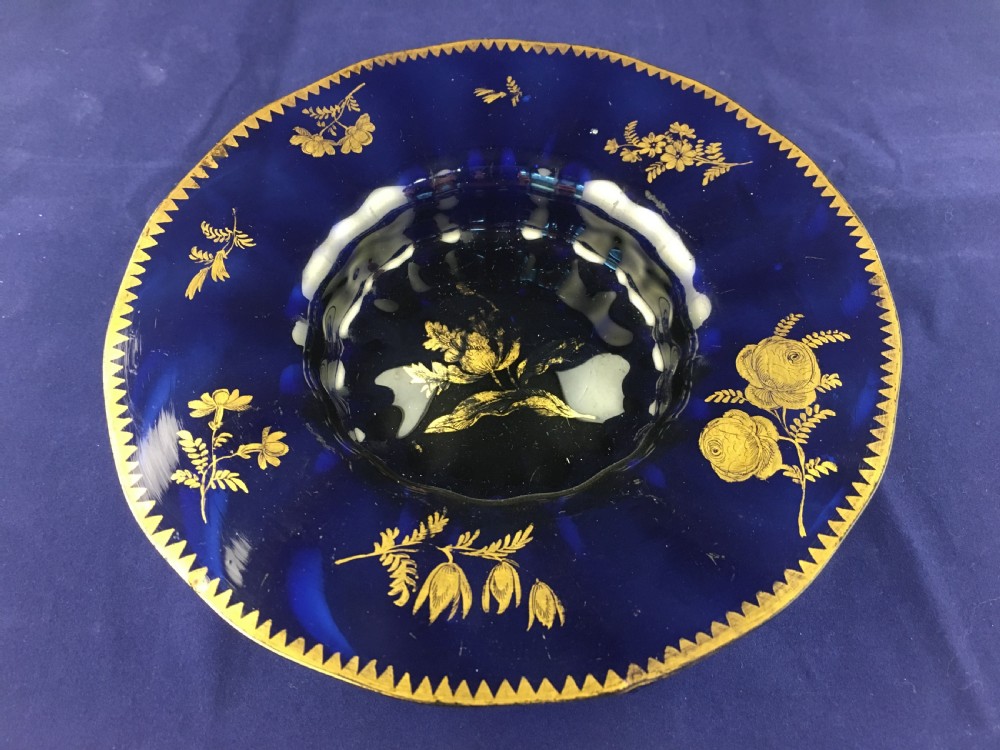 'James Giles' Rib Moulded Recessed Blue Bowl with Gilt Dogtooth Rim & Floral Panels  C18th View II