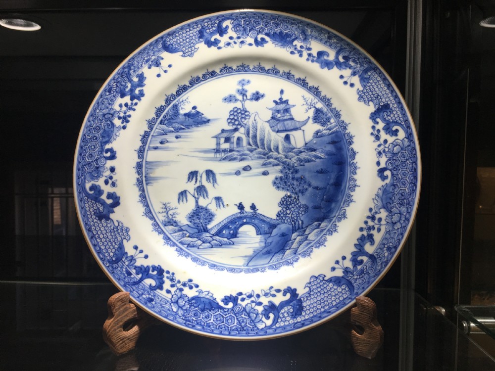 Qianlong Blue & White Dish Mountain Scene with Scholars on Bridge C18th View II