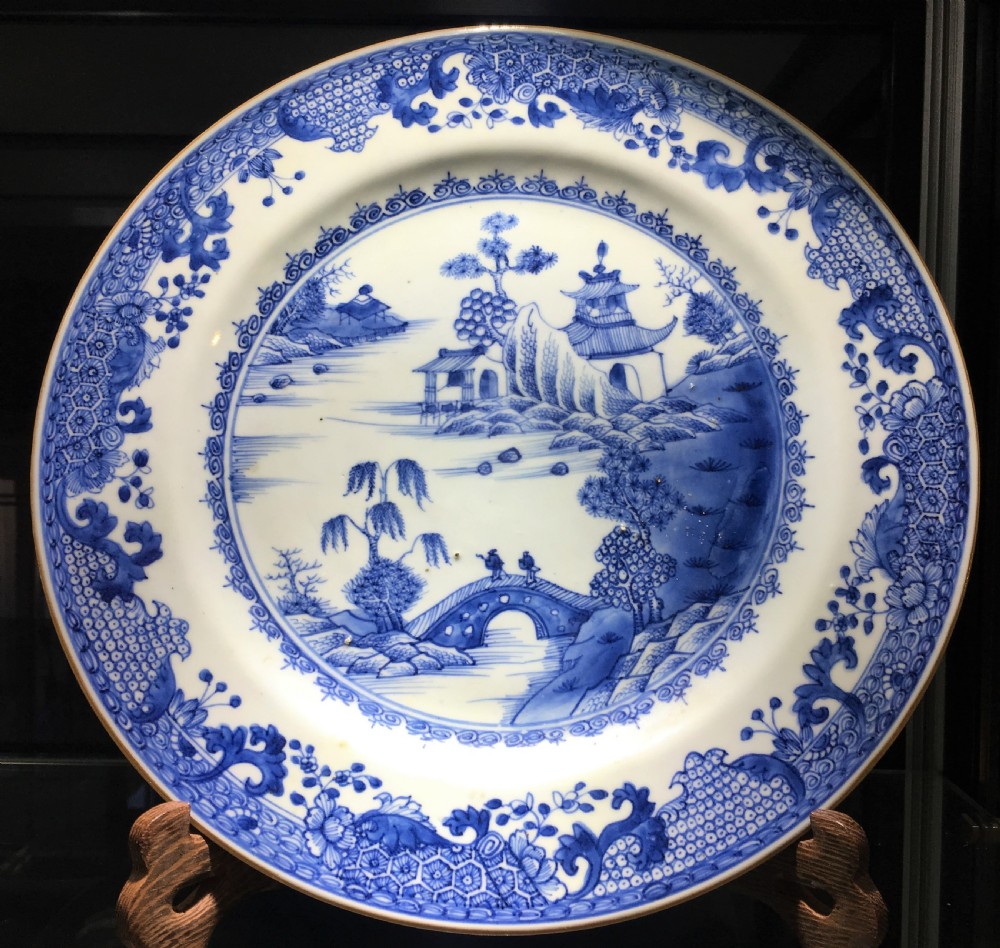 Qianlong Blue & White Dish Mountain Scene with Scholars on Bridge C18th