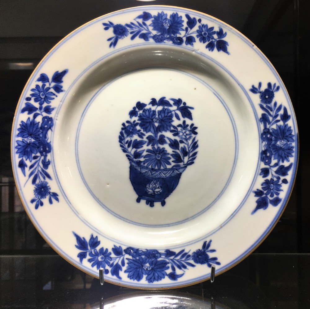 Chinese Kangxi Blue & White Dish Flower in Jardiniere Motif C18th