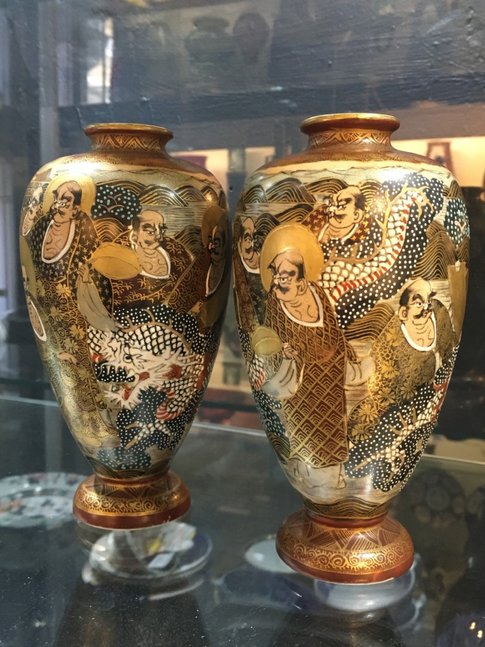 Meiji Period Satsuma Vases Arharts (Buddhist Disciples) & Dragon C19th