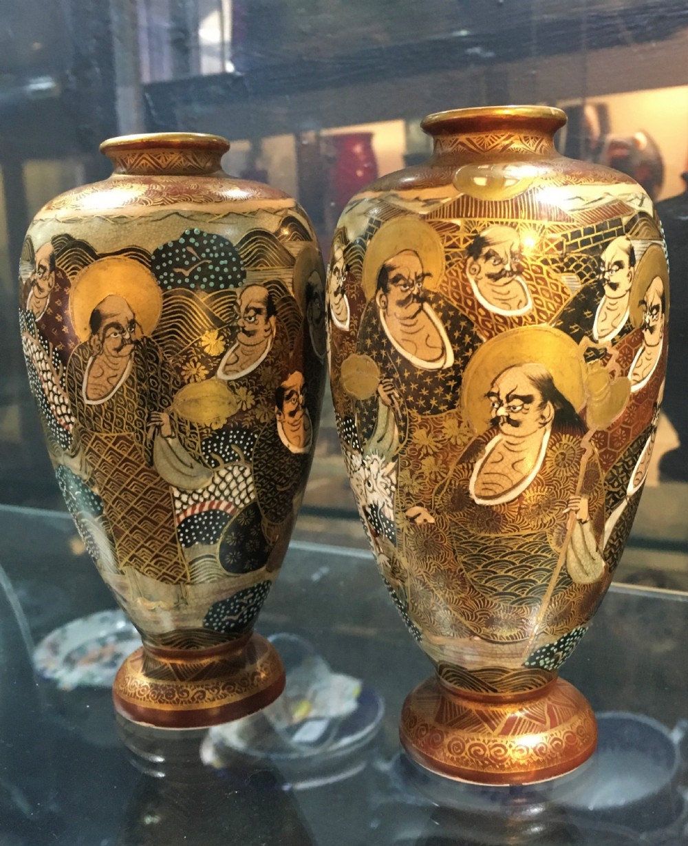 Meiji Period Satsuma Vases Arharts (Buddhist Disciples) & Dragon C19th View II