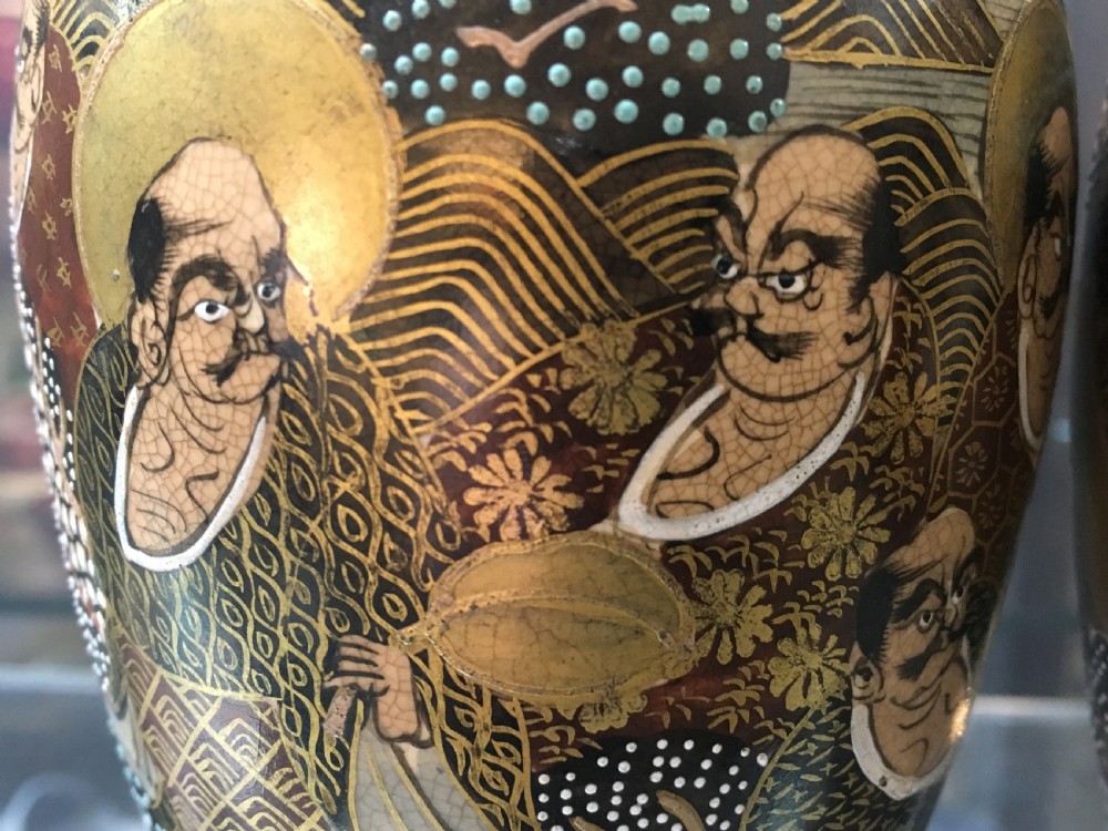 Meiji Period Satsuma Vases Arharts (Buddhist Disciples) & Dragon C19th View V