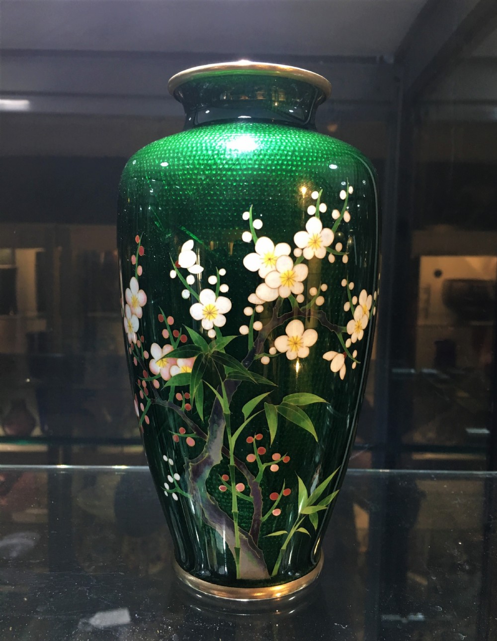 Japanese Ginbari Enamel Vase with Prunus Blossom & Bamboo Motif early C20th 