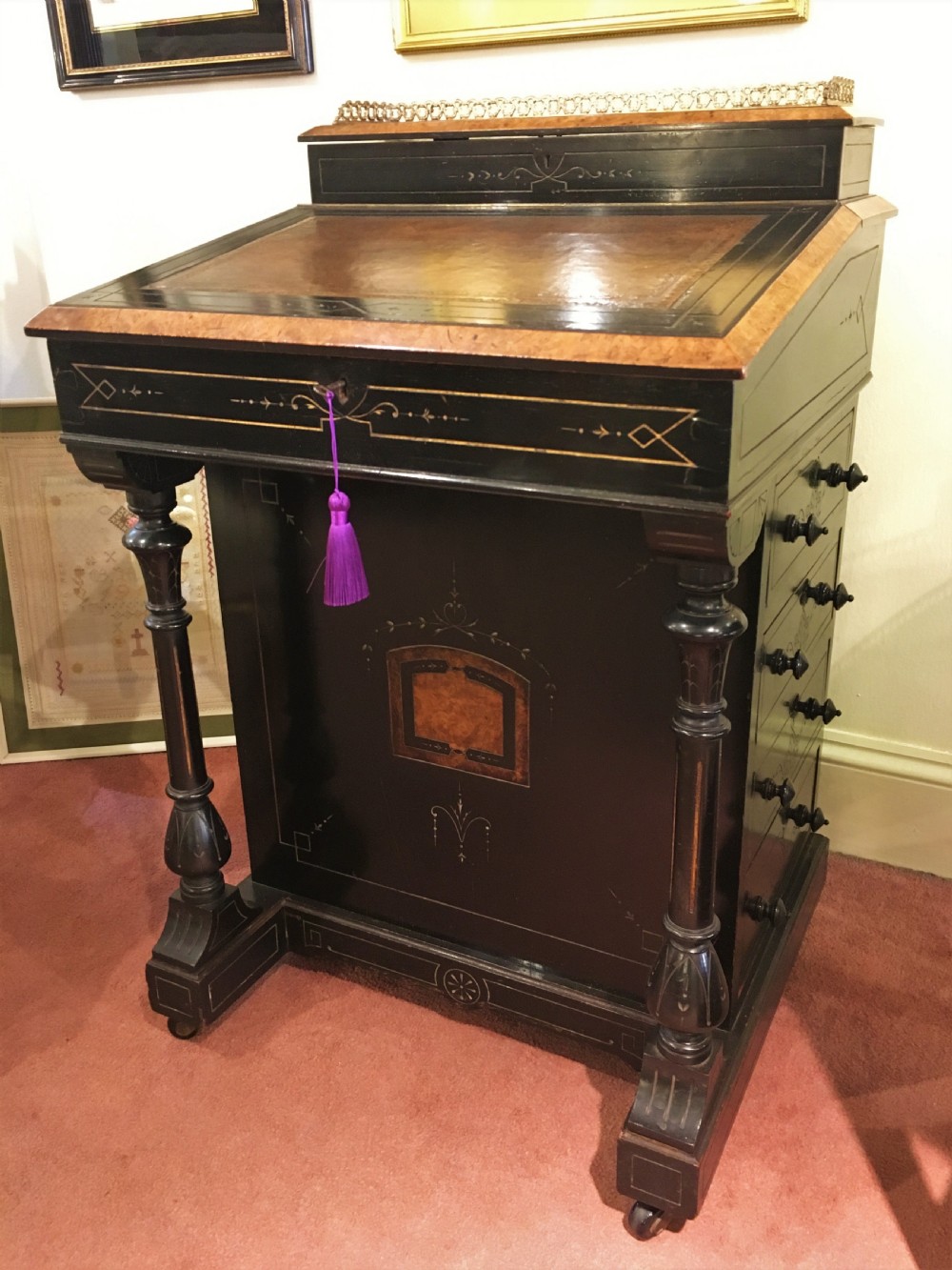 Davenport Ebonised with Burr Elm Edging, Satinwood Interior & Brass Gallery c1850