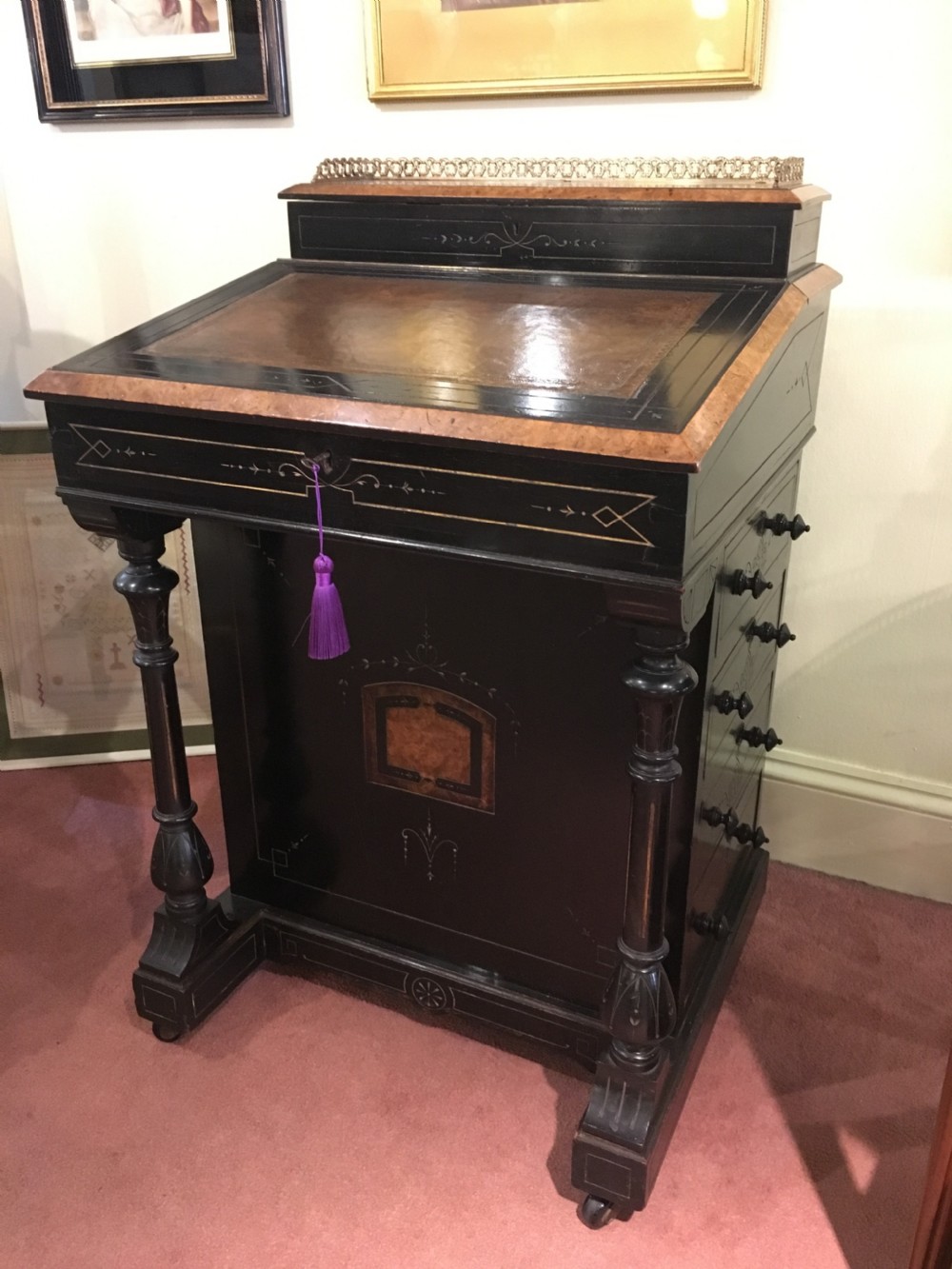 Davenport Ebonised with Burr Elm Edging, Satinwood Interior & Brass Gallery c1850 View II