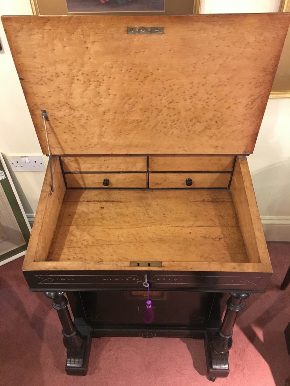Davenport Ebonised with Burr Elm Edging, Satinwood Interior & Brass Gallery c1850 View III