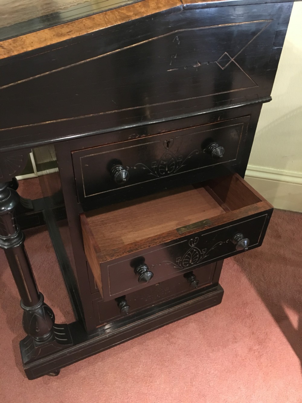 Davenport Ebonised with Burr Elm Edging, Satinwood Interior & Brass Gallery c1850 View VI
