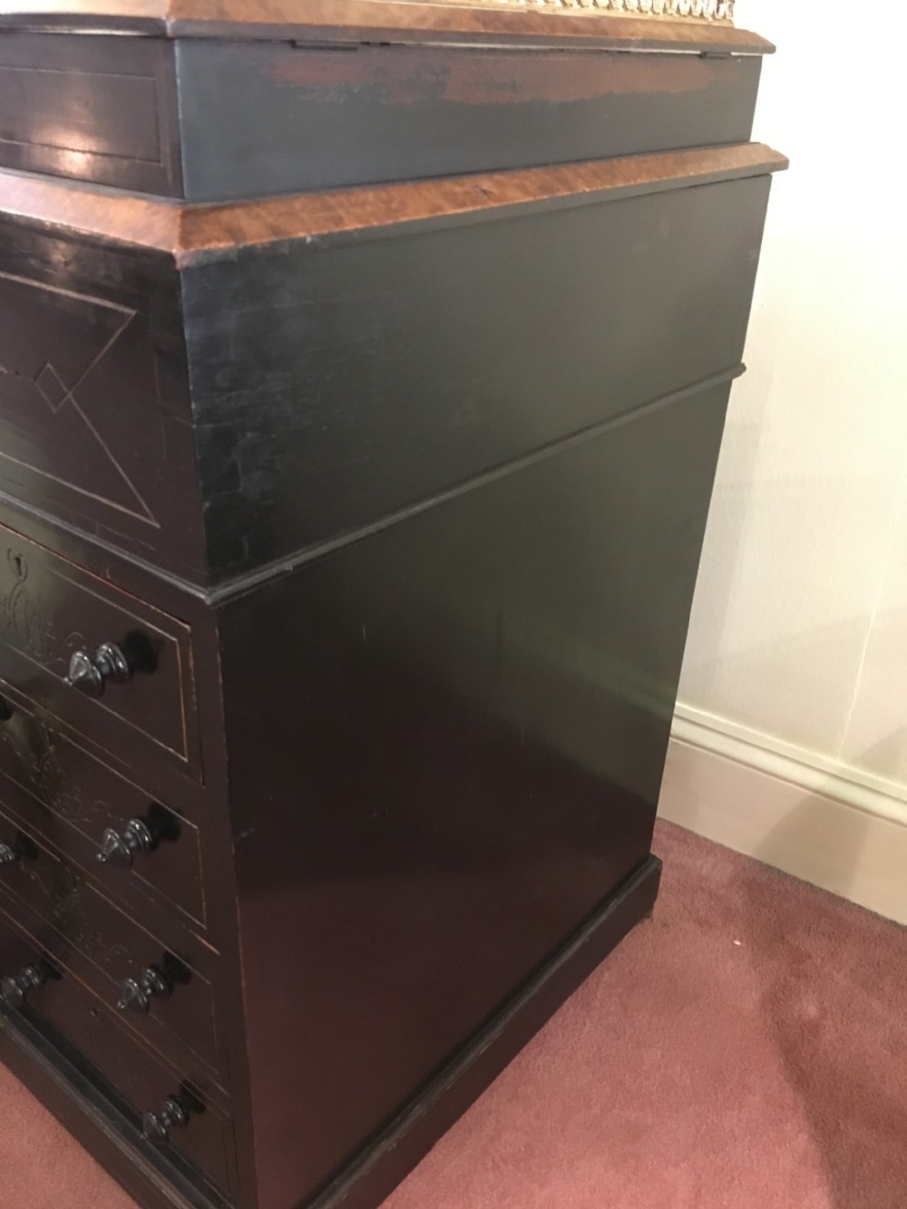 Davenport Ebonised with Burr Elm Edging, Satinwood Interior & Brass Gallery c1850 View IX