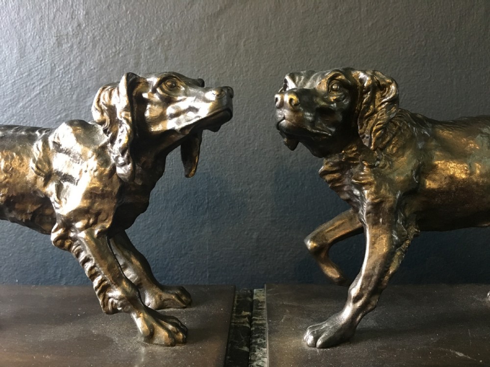 Pair of French Bronze Spaniel Bookends mounted on Marble Bases Early C20th  View II