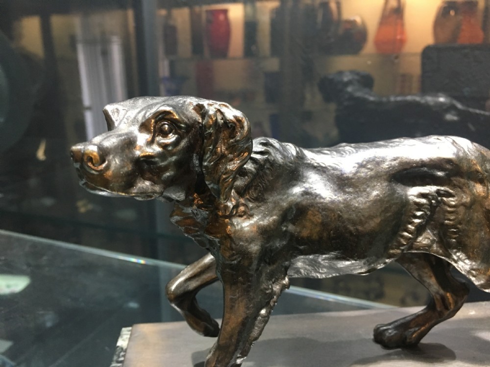 Pair of French Bronze Spaniel Bookends mounted on Marble Bases Early C20th  View V