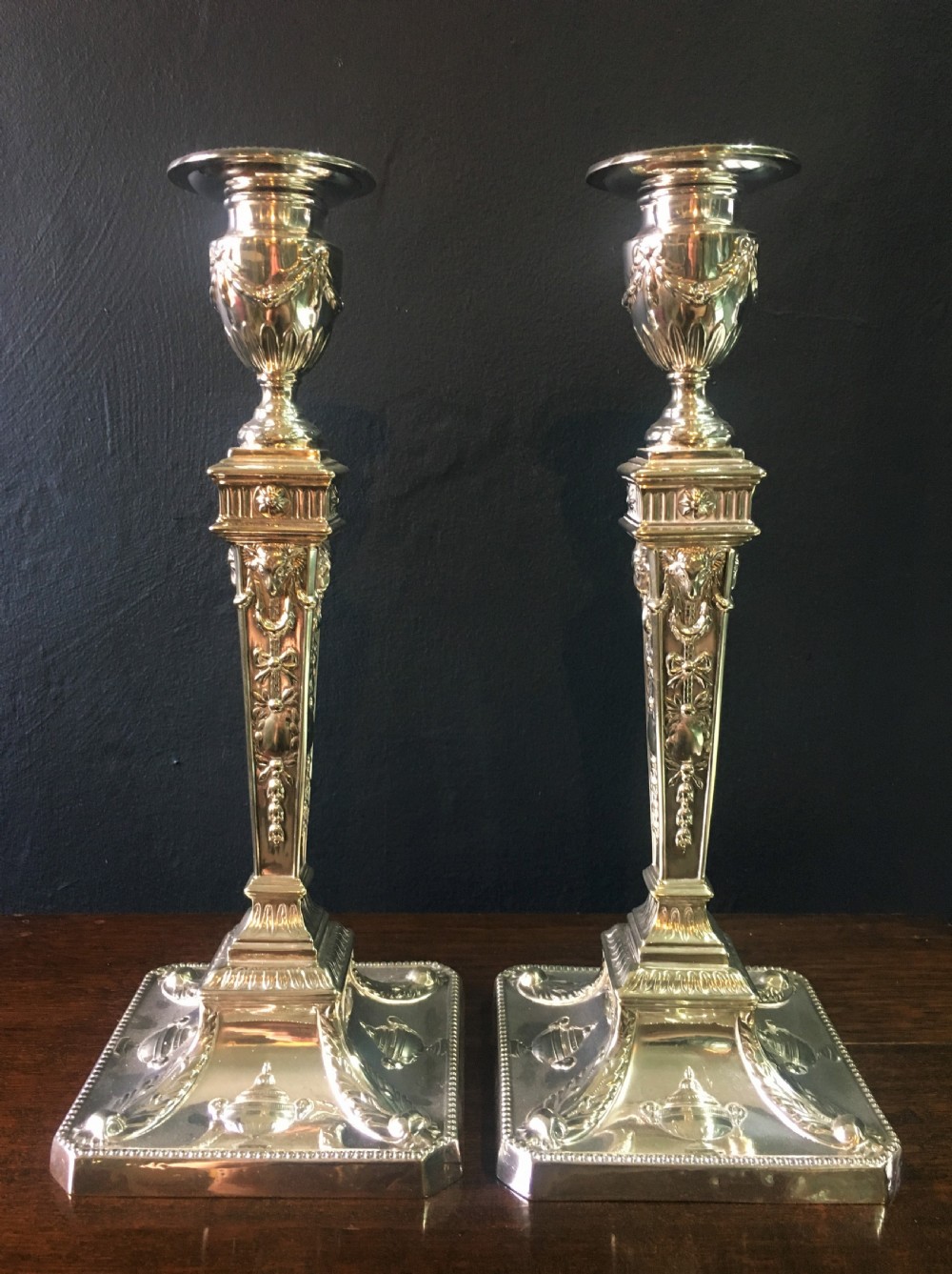 Pair of Adam Revivalist Silver Plated Candlesticks by Walker & Hall Sheffield early C20th
