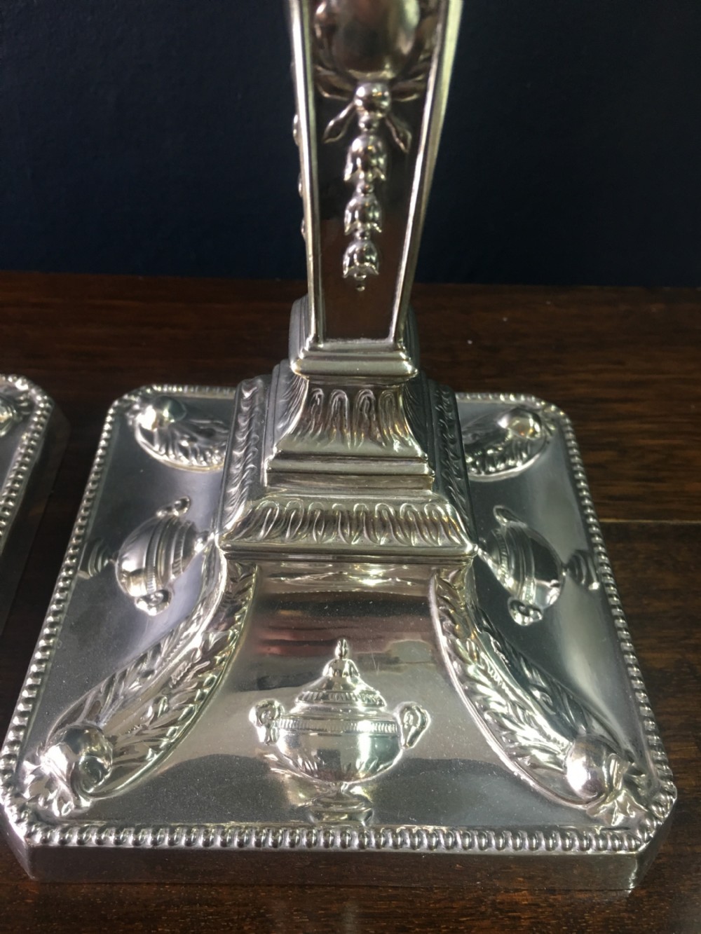 Pair of Adam Revivalist Silver Plated Candlesticks by Walker & Hall Sheffield early C20th View III