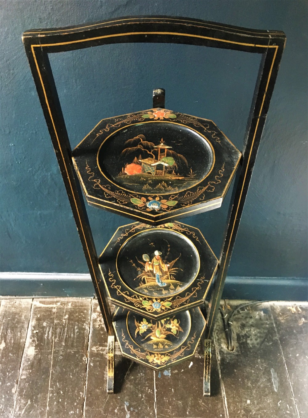 Folding Cake Stand Black Lacquered & hand Painted in Chinoisere Style c1920