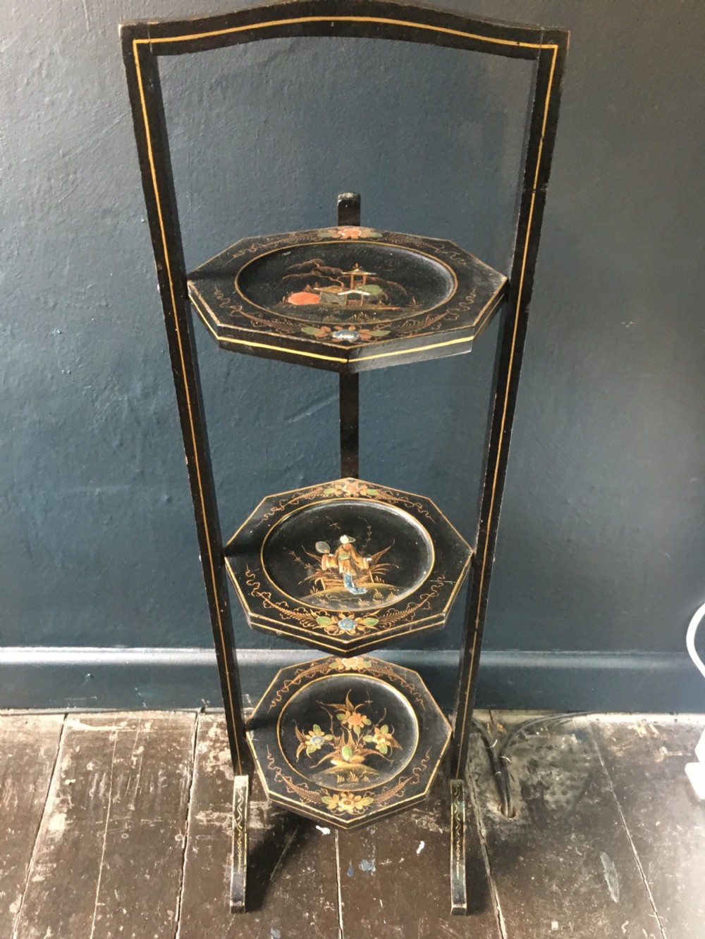 Folding Cake Stand Black Lacquered & hand Painted in Chinoisere Style c1920 View II