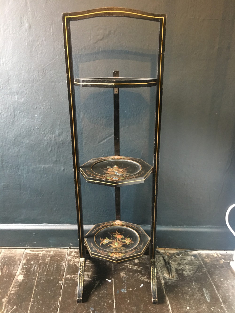 Folding Cake Stand Black Lacquered & hand Painted in Chinoisere Style c1920 View III