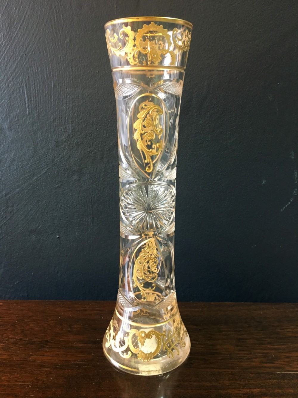 St Louis Crystal Gilt & Cut Glass Vase with Rococo Scrolls & Cut with Sunbursts & Hatched Panels c1890