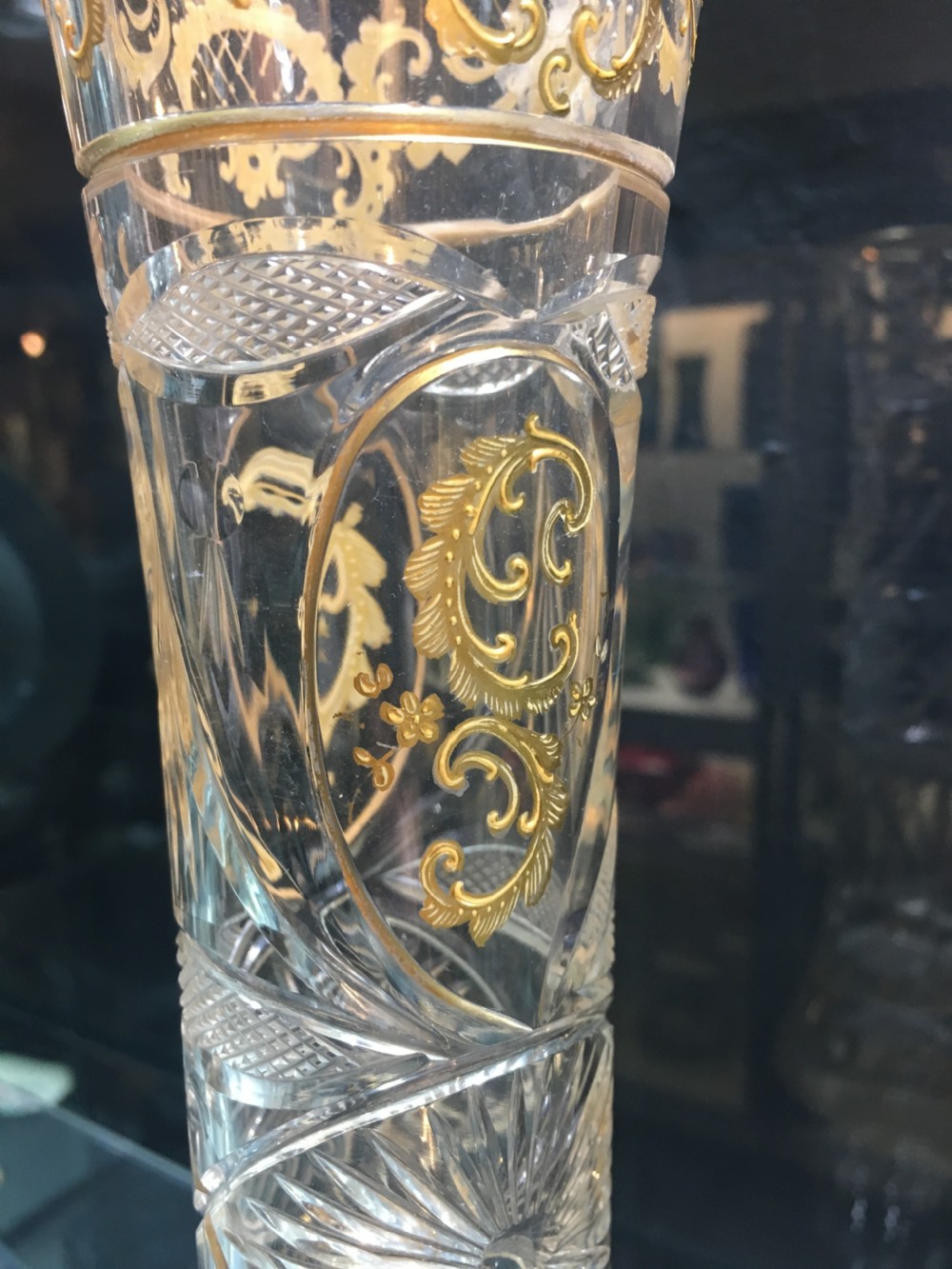 St Louis Crystal Gilt & Cut Glass Vase with Rococo Scrolls & Cut with Sunbursts & Hatched Panels c1890 View III
