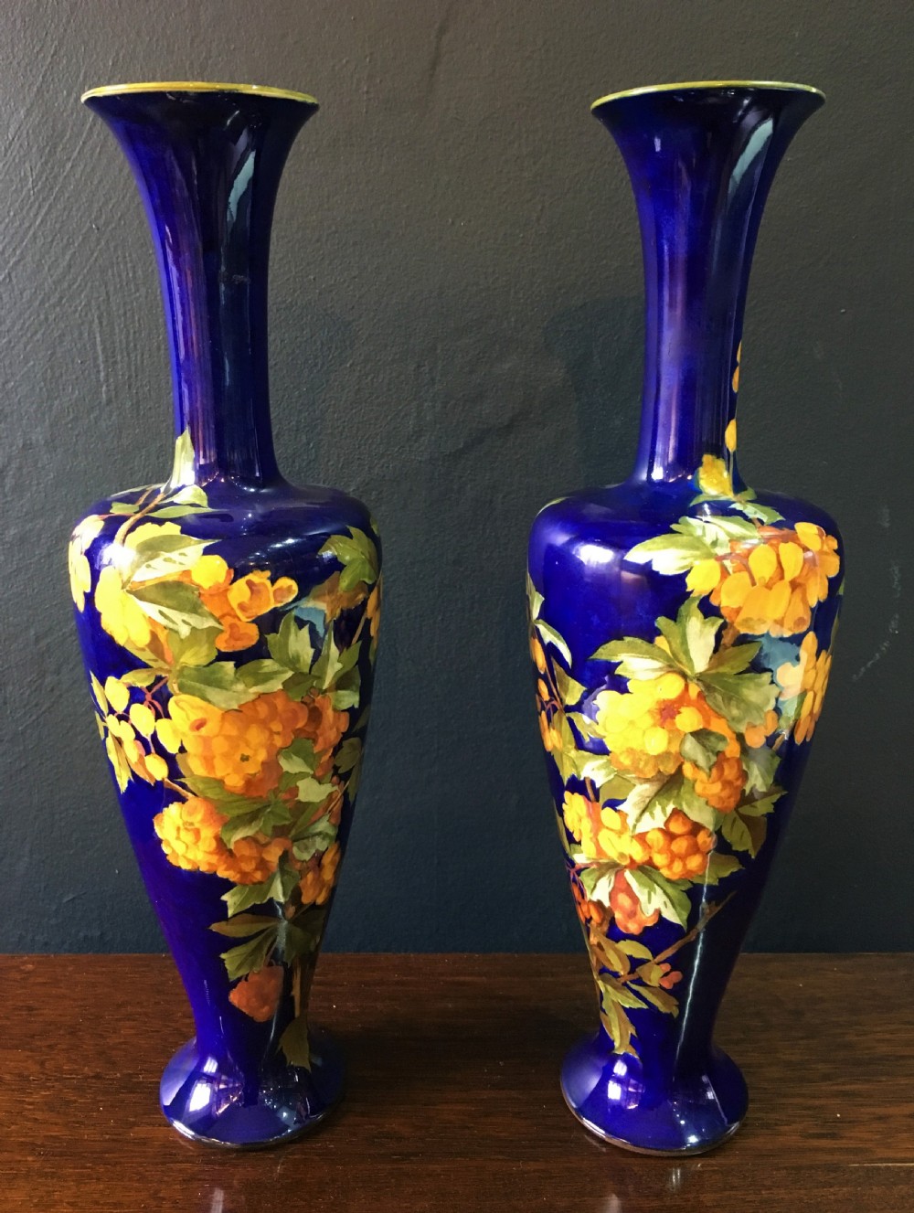Emily J Gilman Signed Royal Doulton Pair of Faience Vases Painted with Flowering Stems c1900