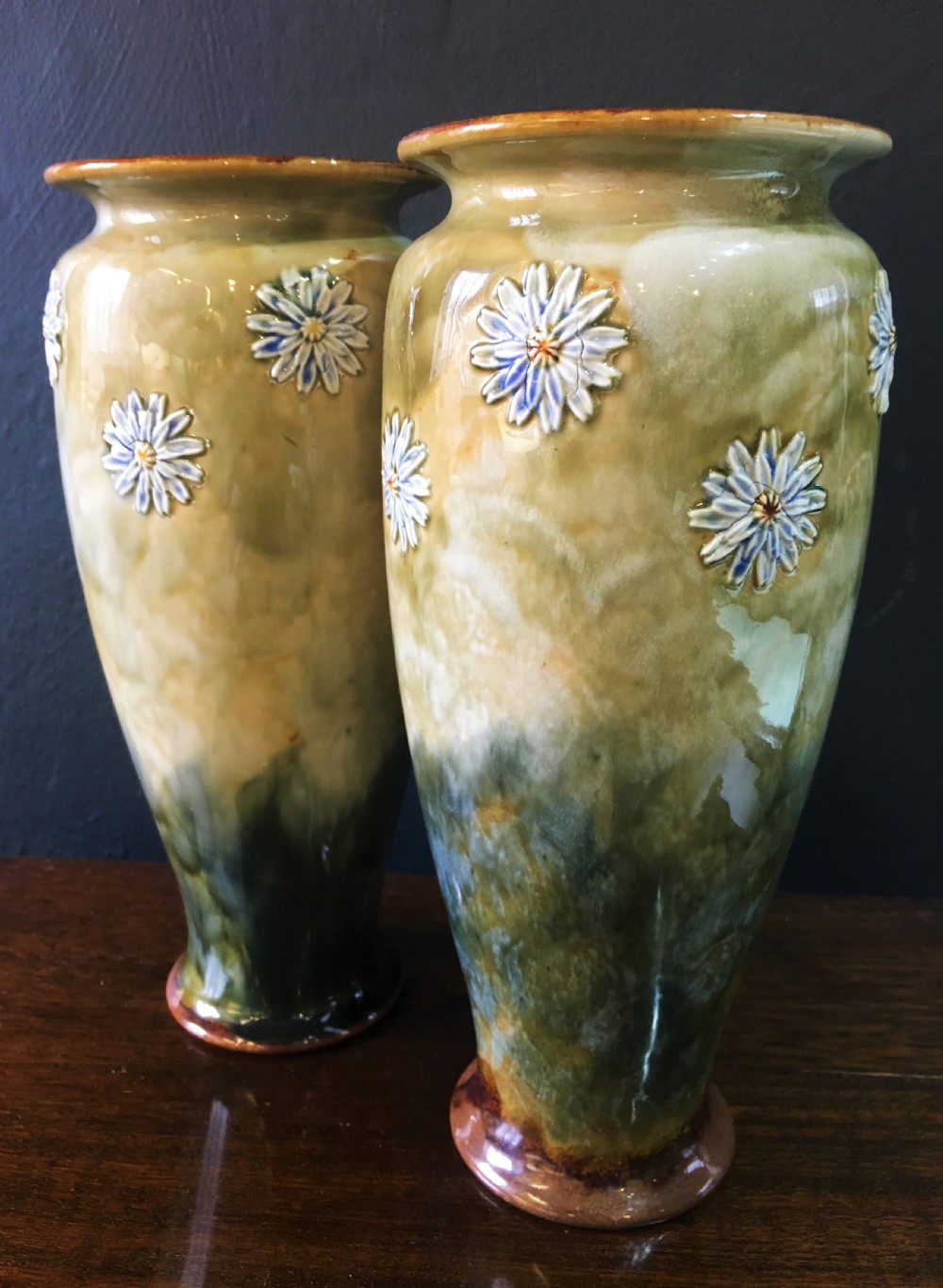 Emily Welch Royal Doulton Vases with Flowerheads on Green Ground c1902