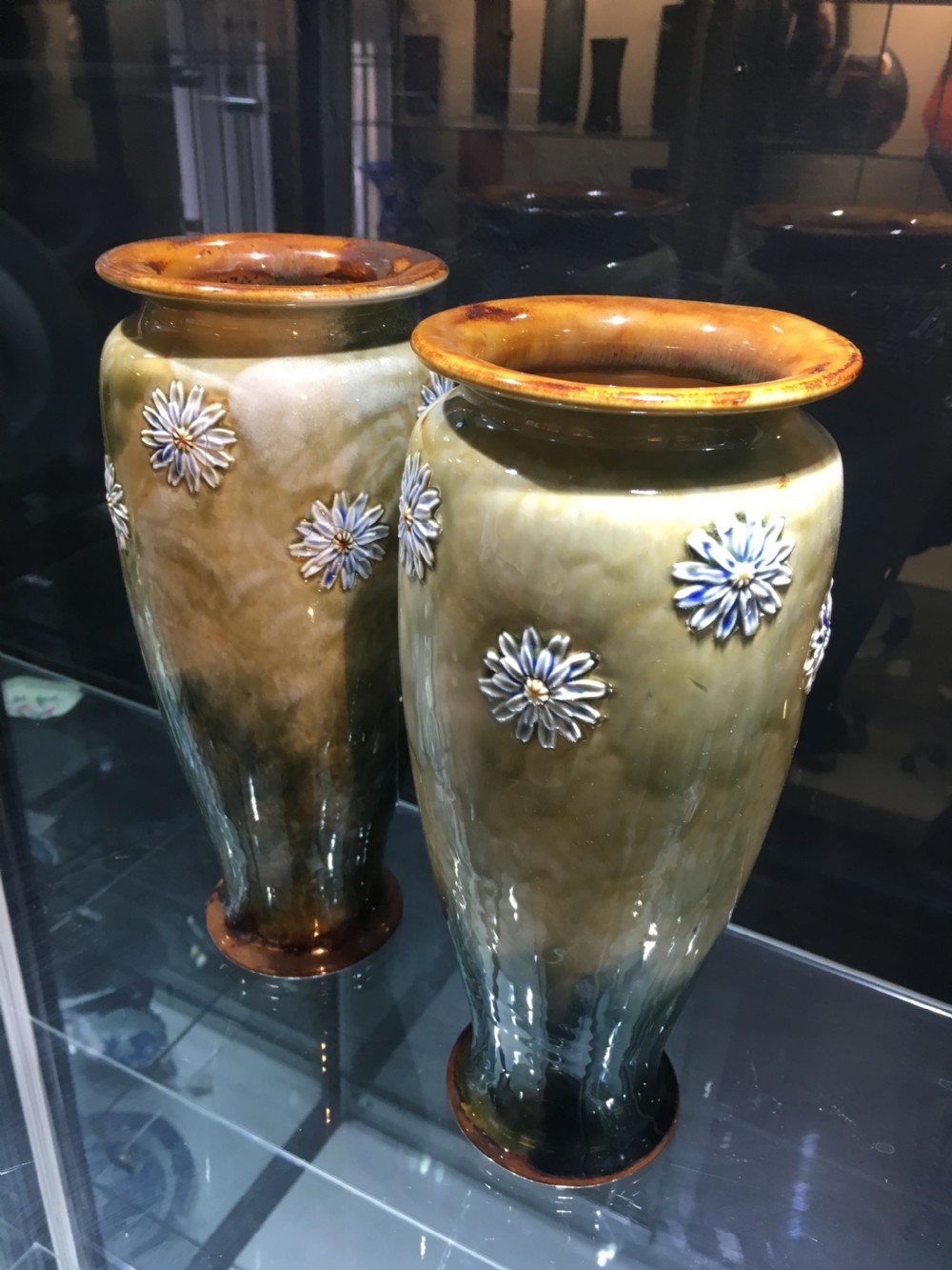 Emily Welch Royal Doulton Vases with Flowerheads on Green Ground c1902 View IV