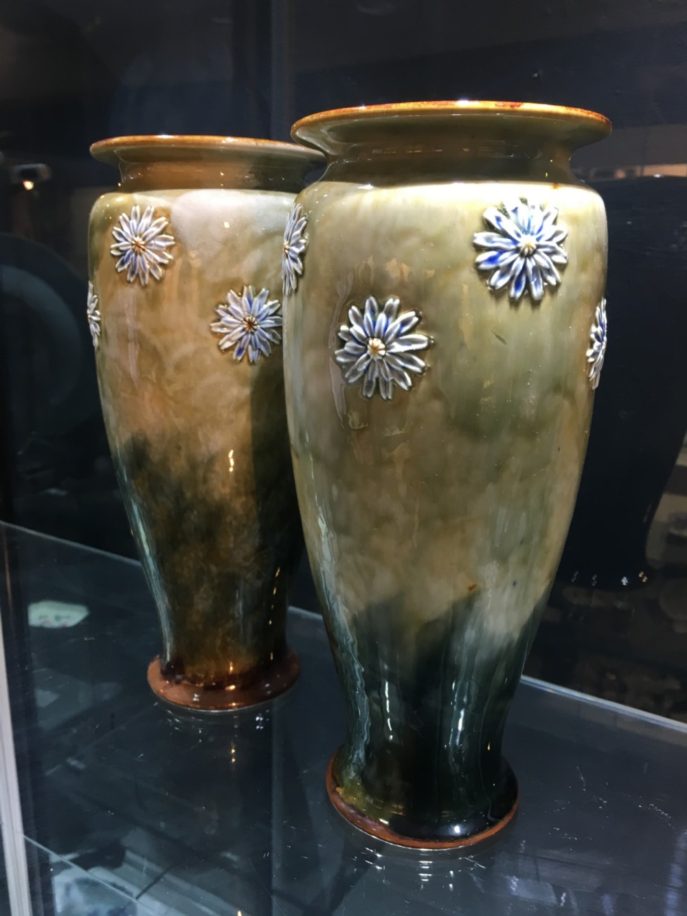 Emily Welch Royal Doulton Vases with Flowerheads on Green Ground c1902 View V