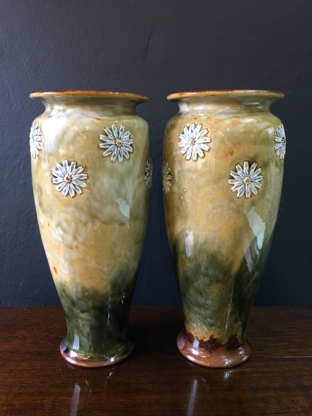 Emily Welch Royal Doulton Vases with Flowerheads on Green Ground c1902 View VI