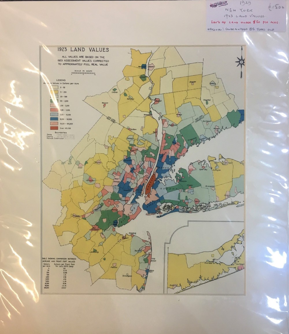 Antique Map of New York Showing Land Values 1923