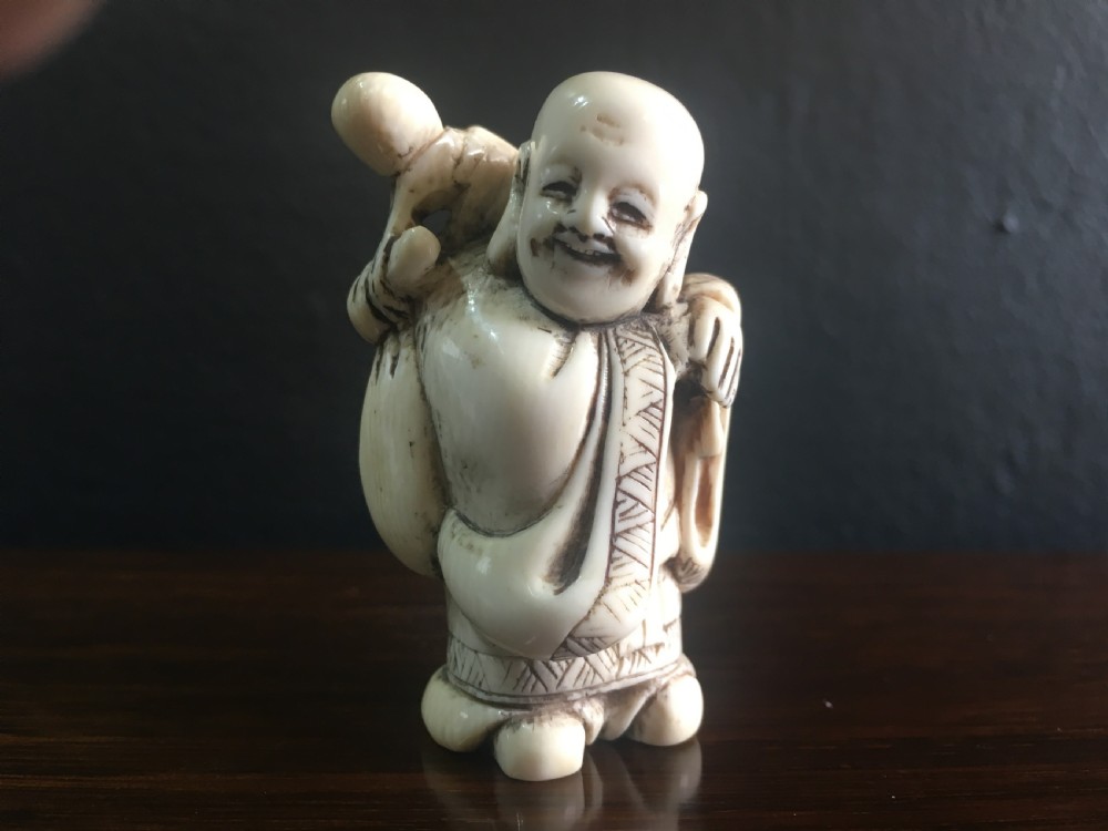Signed Meiji Period Ivory Netsuke of Motei with Sack & Double Gourd on Back Late C19th