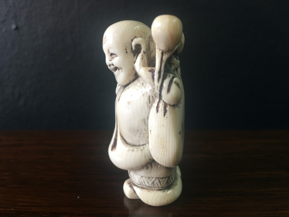 Signed Meiji Period Ivory Netsuke of Motei with Sack & Double Gourd on Back Late C19th View IV