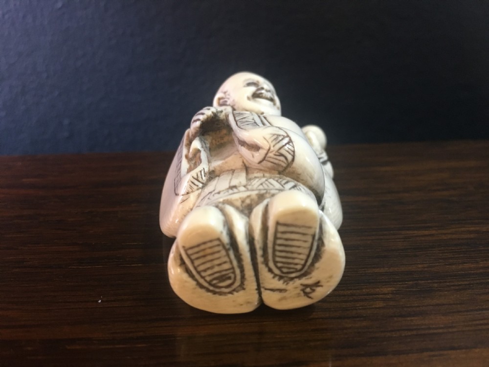 Signed Meiji Period Ivory Netsuke of Motei with Sack & Double Gourd on Back Late C19th View VI