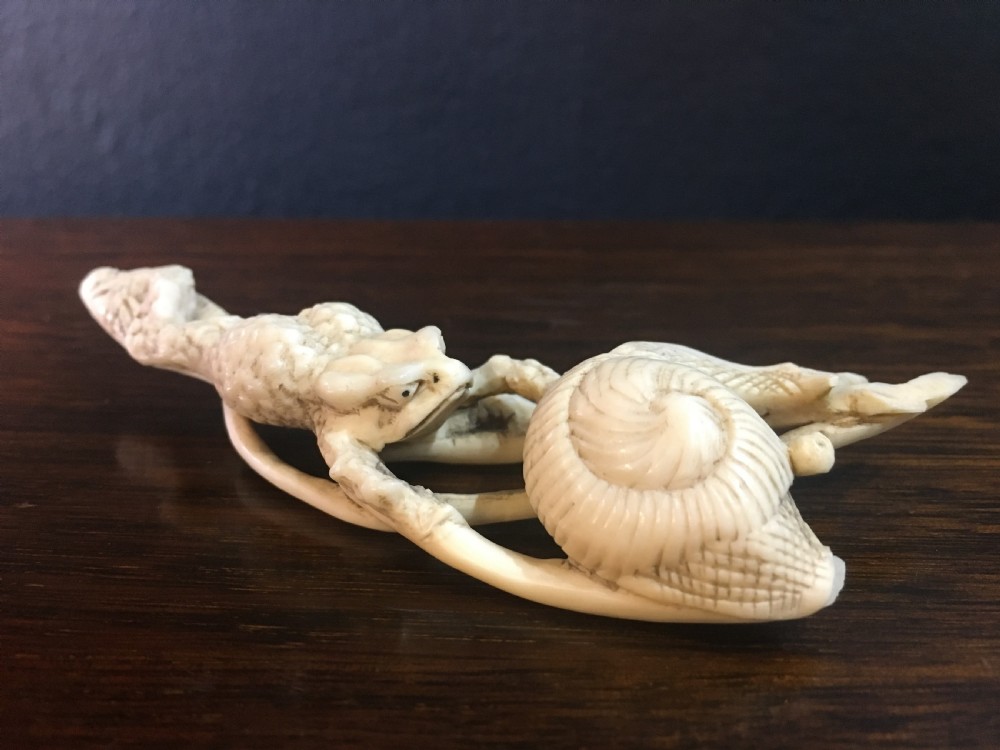 Meiji Period Ivory Netsuke of Toad Pushing a Snail on Lotus Leaf C19th View II
