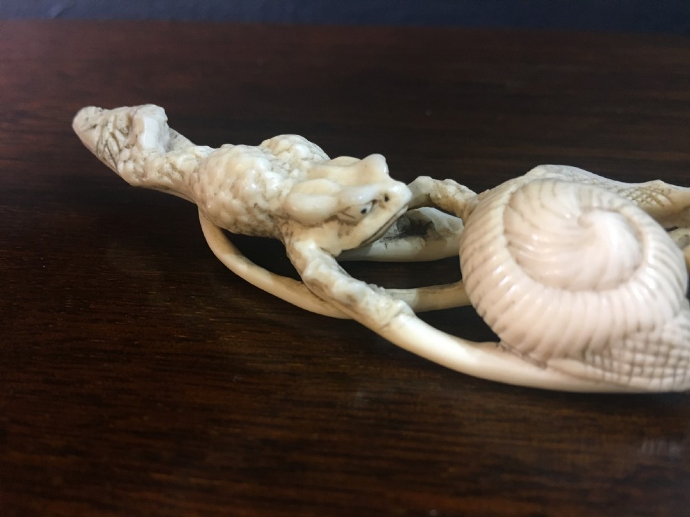 Meiji Period Ivory Netsuke of Toad Pushing a Snail on Lotus Leaf C19th View V