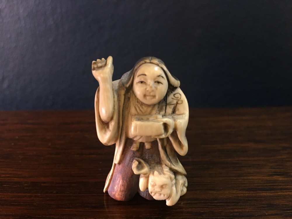Signed Meiji Period Ivory Netsuke of Deity & Ononi C19th