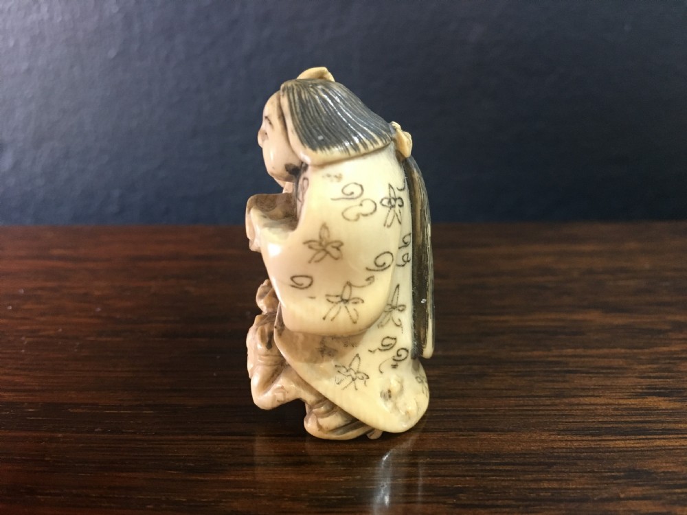 Signed Meiji Period Ivory Netsuke of Deity & Ononi C19th View IV