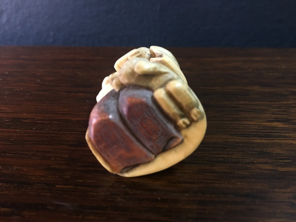 Signed Meiji Period Ivory Netsuke of Deity & Ononi C19th View V