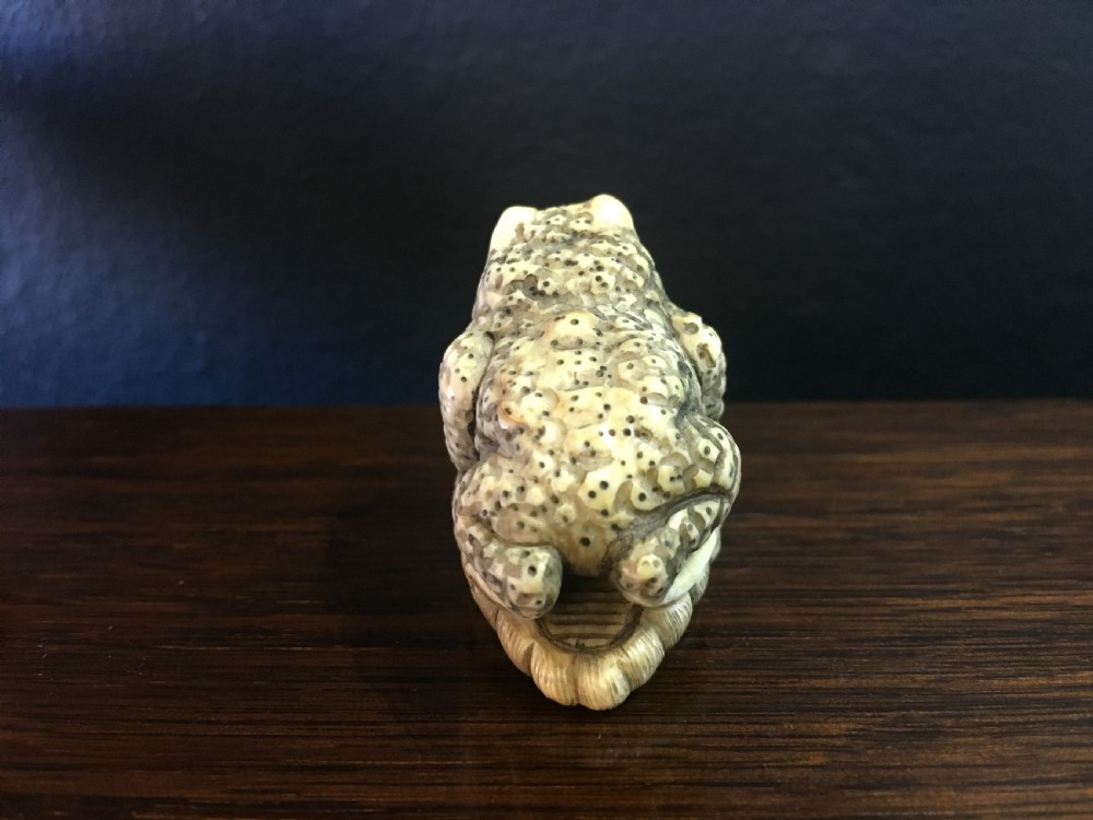 Signed Meiji Period Ivory Netsuke of a Toad on Sandal C19th View V