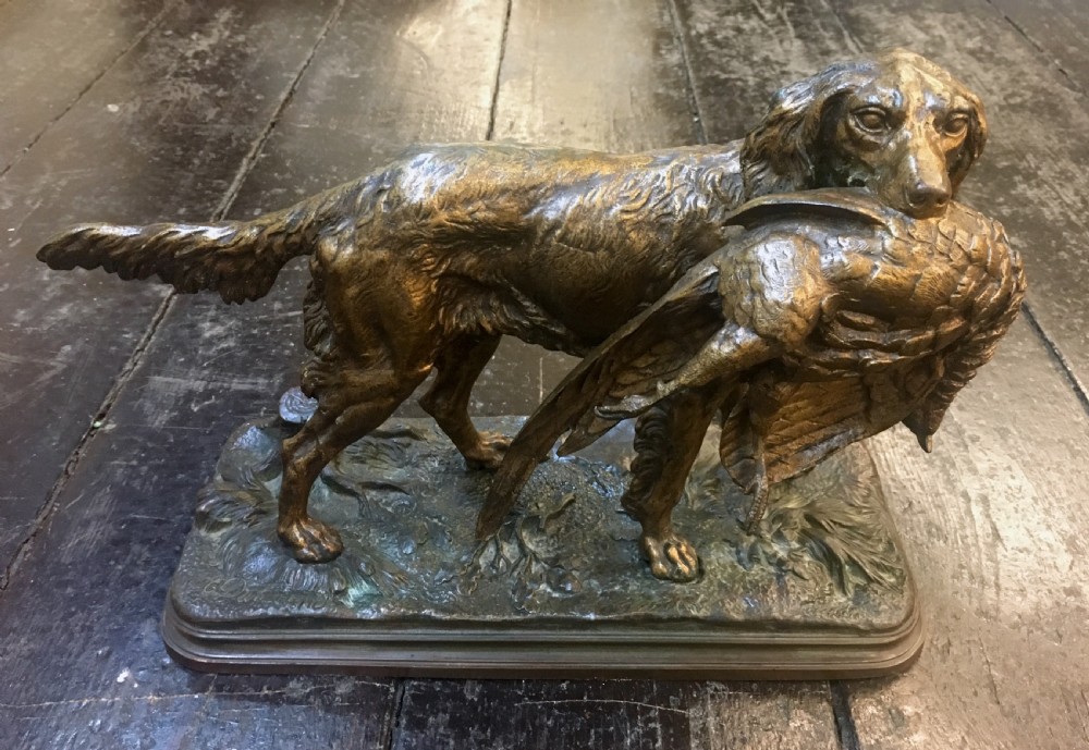 Alfred Dubucand Signed Hunting Dog  (Flat-coat Retriever) Cold Cast Bronze Original C19th