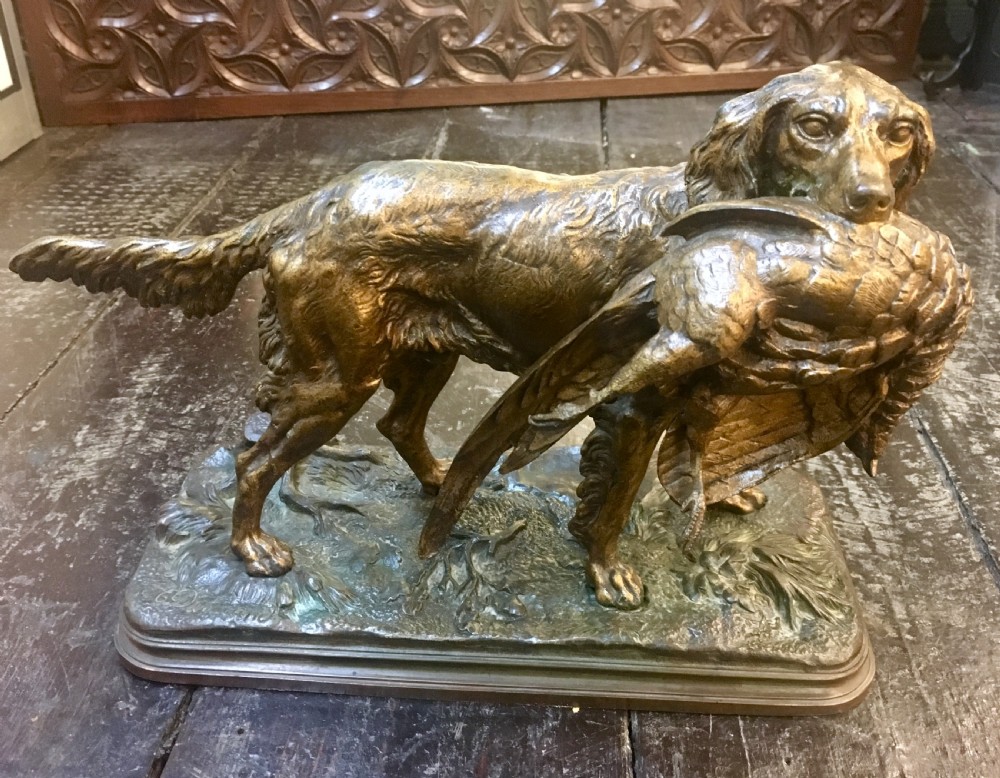 Alfred Dubucand Signed Hunting Dog  (Flat-coat Retriever) Cold Cast Bronze Original C19th View II