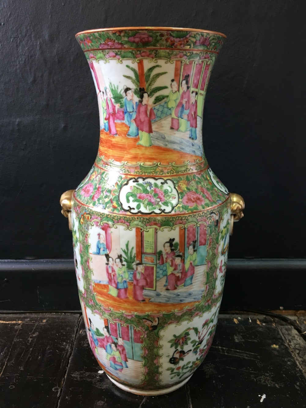 Cantonese Vase Cartouched Scenes of ladies in Interior & Flower & Bird | Mask Ring Ears C19th