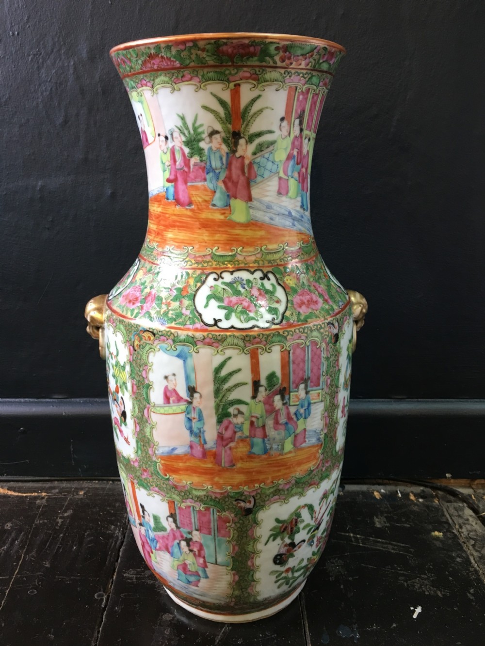 Cantonese Vase Cartouched Scenes of ladies in Interior & Flower & Bird | Mask Ring Ears C19th View II
