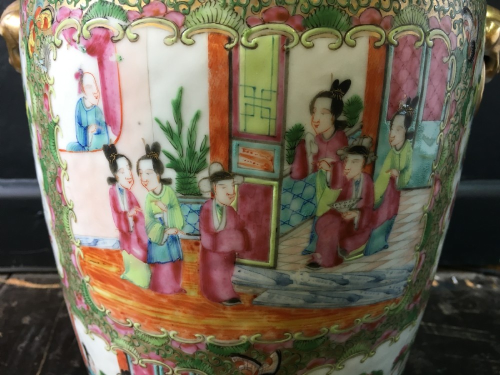 Cantonese Vase Cartouched Scenes of ladies in Interior & Flower & Bird | Mask Ring Ears C19th View IV