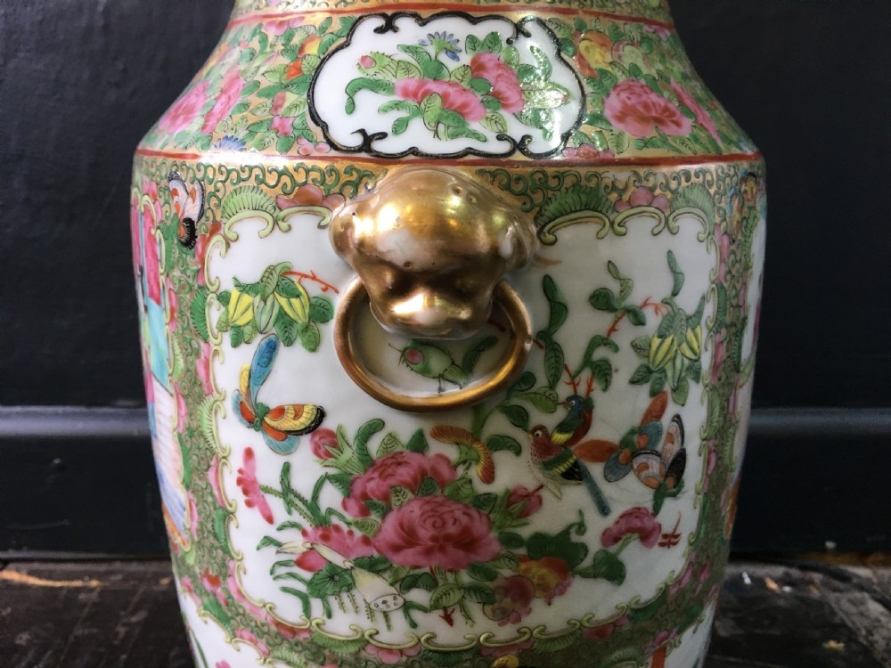 Cantonese Vase Cartouched Scenes of ladies in Interior & Flower & Bird | Mask Ring Ears C19th View V