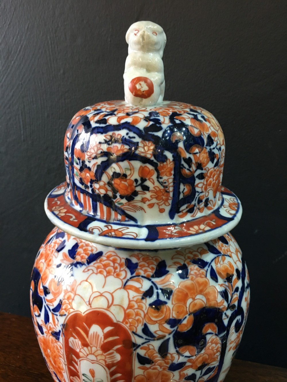 Meiji Period Imari Fluted Jar and Shishi Finial Lid C19th View III