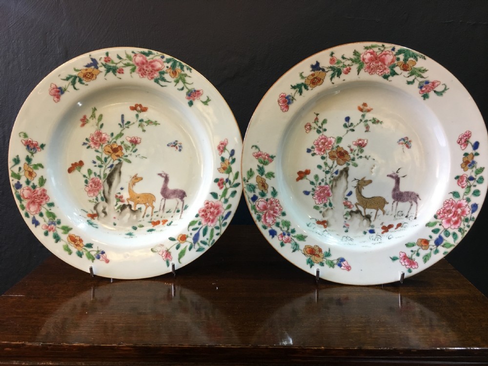 Pair of Qianlong Famille Rose Dishes  Deers & Peonies in Garden C18th